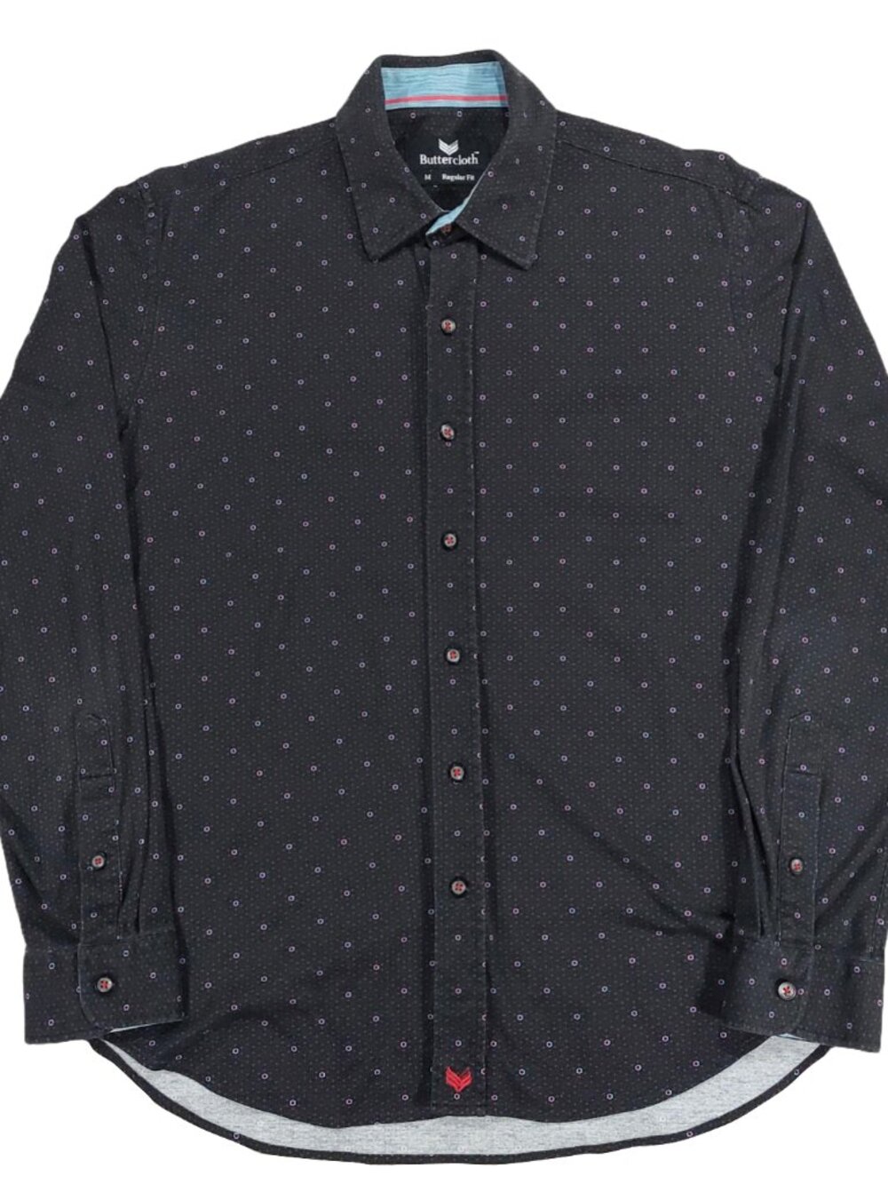 Buttercloth Button Up Shirt, Black Geometric Polka Dot Print, Cotton. Men's Sz M